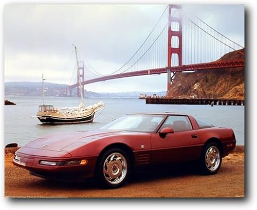 Miniatura 1 de Póster artístico para decoración de pared de automóvil Chevy Corvette At Golden Gate Bridge (16 x 20 pulgadas)