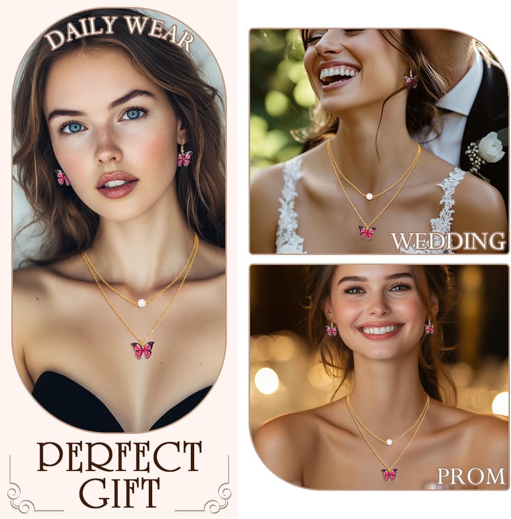 Urieo Butterfly Necklaces for Women, Pink Choker Necklace and Earrings Set, Pearl Charms Layered Necklace - Image 5