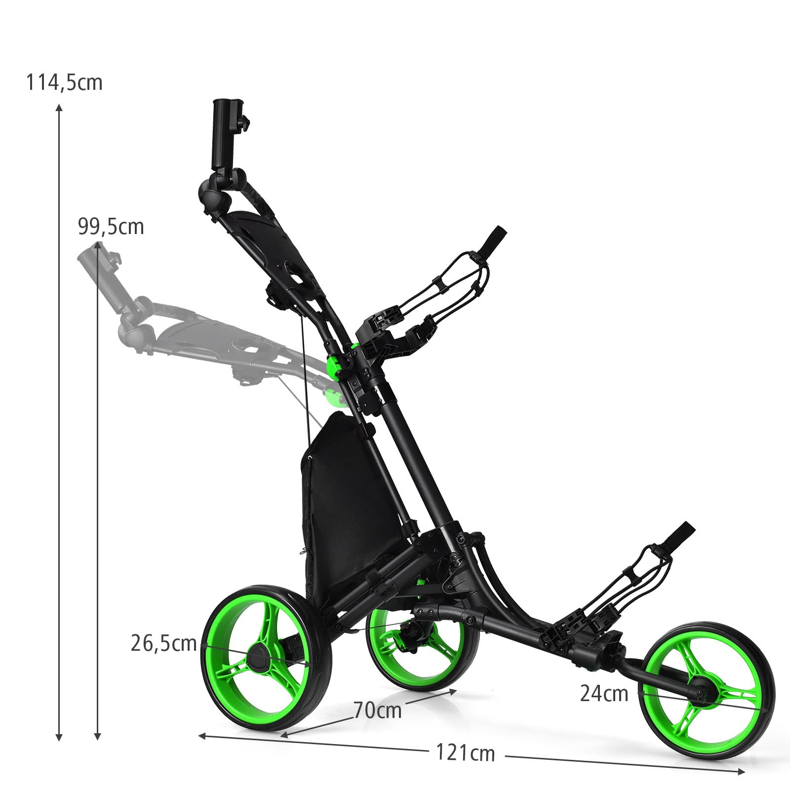LIFEZEAL Carrello da golf pieghevole, 3 ruote Golf Push Cart con freno a pedale, carrello da golf con 3 posizioni regolabili in altezza, pieghevole con portaombrelli e portabottiglie e borsa