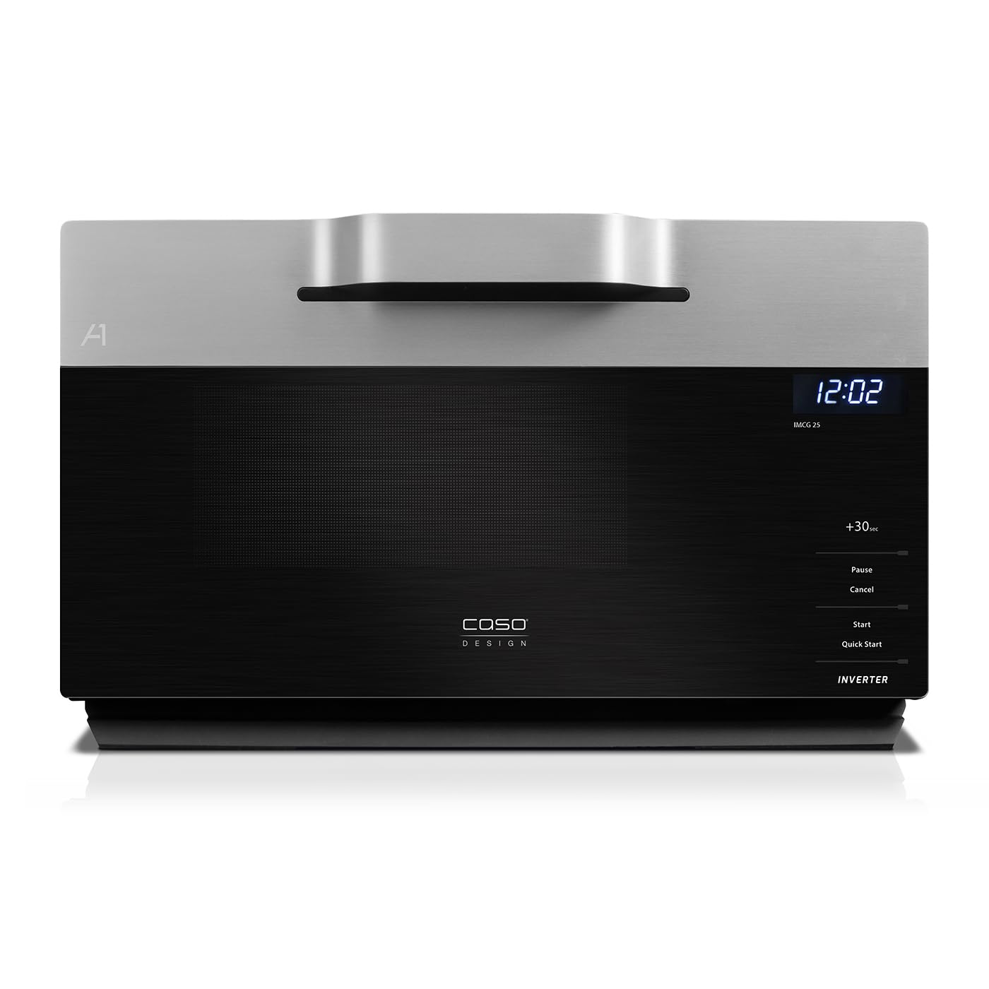 CASO | IMCG25 3-in-1 Mikrowelle mit Grill und Heißluft 2050W |Inverter-Technik für schonendes Erwärmen, Backofen-Funktion 110-200°C, 25L, Design Edelstahl, Schwarz/Silber