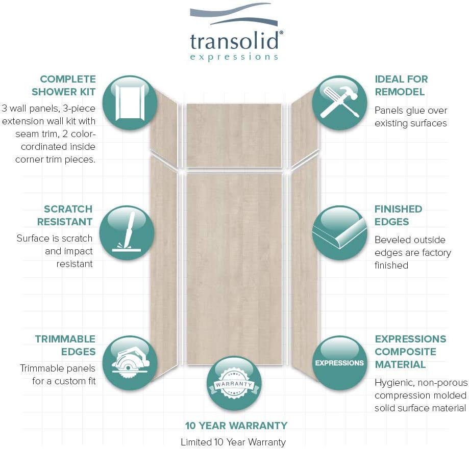 Transolid EWKX363696-45 Expressions 6-Panel Shower Wall Kit with Extension, 36-in L x 36-in W x 96-in H, Bleached Oak