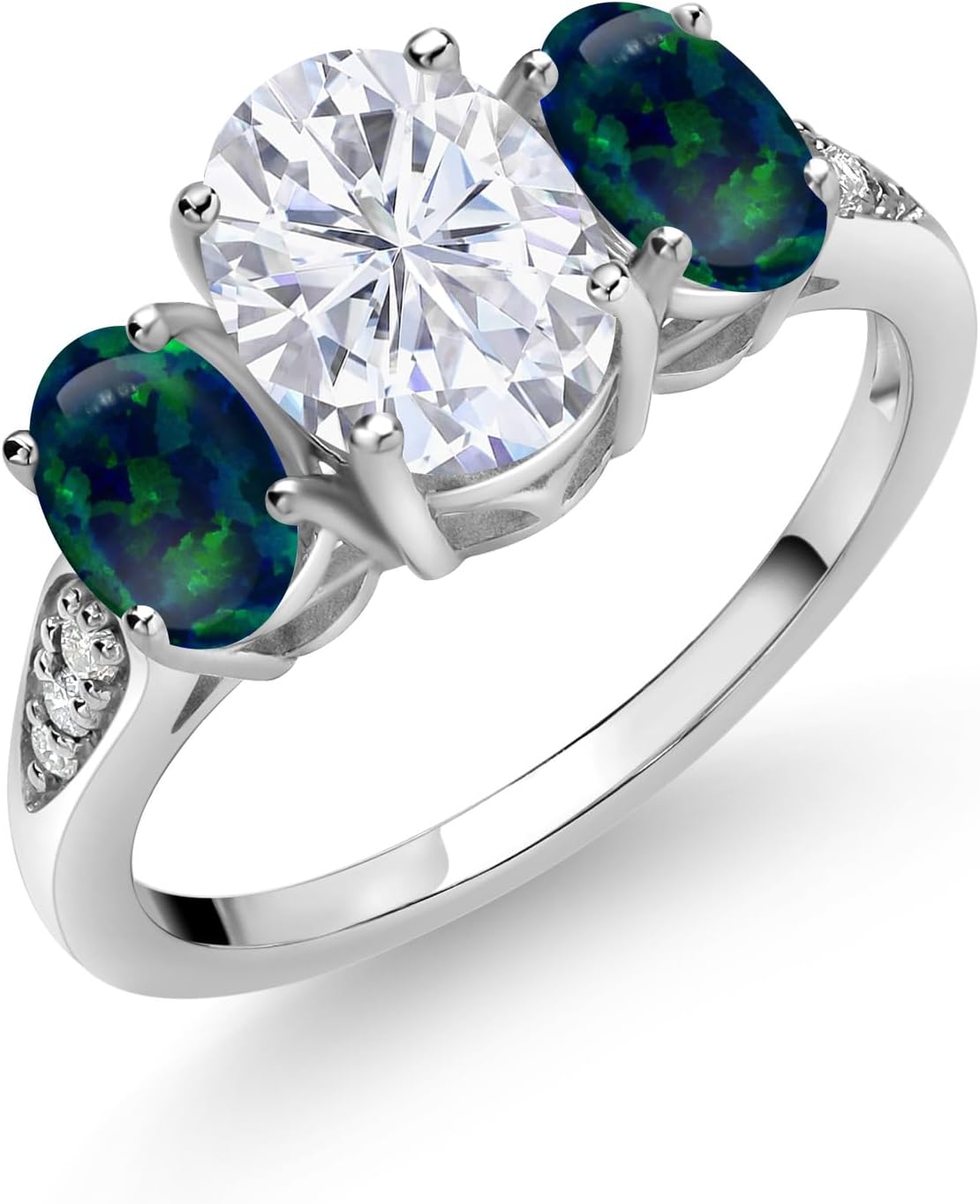 Gem Stone King 10K White Gold 3-Stone Engagement Ring For Women | White Moissanite Green Simulated Opal and Lab Grown Diamond | 2.54 Cttw | Gemstone Birthstone | Wedding Anniversary Promise Ring