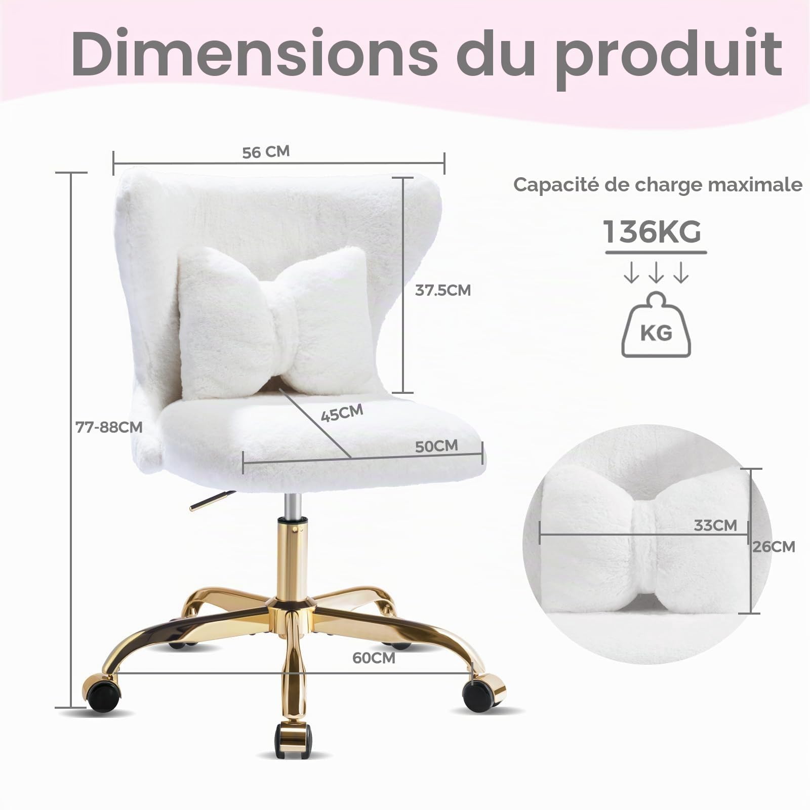 Chaise Coiffeuse Moderne, Fauteuil Pivotante à Roulette‌ Dorées‌ pour Fille, Siege Bureau Moumoute, Montage Facile, Blanche