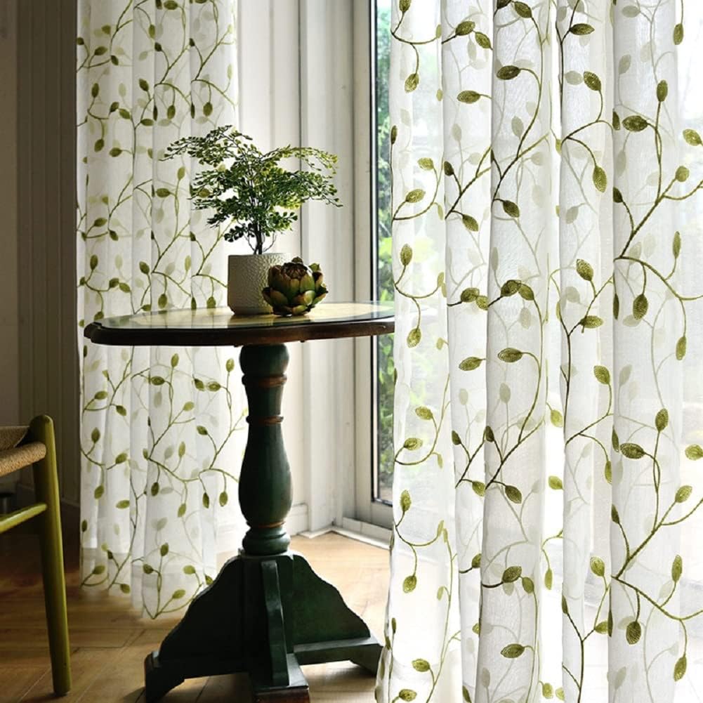 Linen Sheer Curtains Window Treatments Rod Pocket for Living Room Bedroom Leaf American Rustic Towel Embroidery (2 Panels, W 100 x L 84 inch, Green)