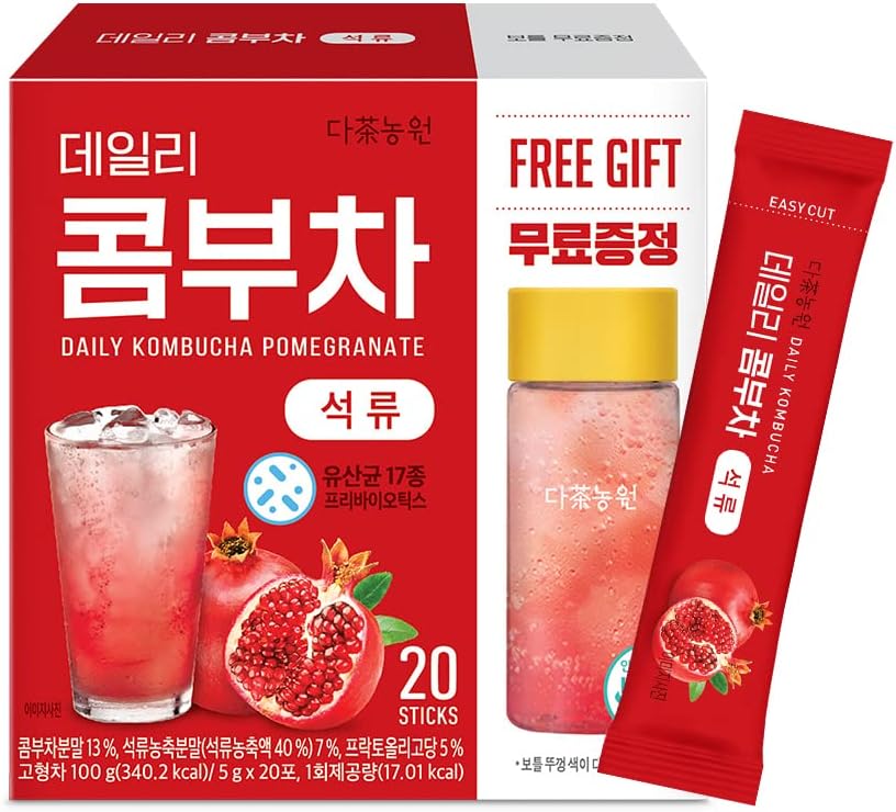 KAYFOOD Kombucha Pomegranate Garden Daily 20 Sticks With Gift Bottle - Zero Sugar, Diet, Gut Healthy Sparkling Beverage, Fermented Korean Drinks for Iced and Hot Tea, Workout 3.52oz (100g)