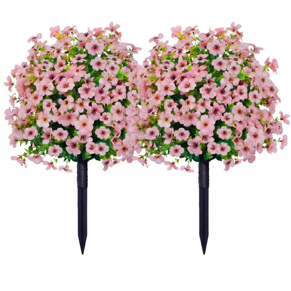 Tsawntd Artificial Flowers With Ground Stakes, 2pcs UV Resistant Artificial Outdoor Plants, Vibrant Faux Flowers For Garden Home Decor Potted Trees with Ground Stakes