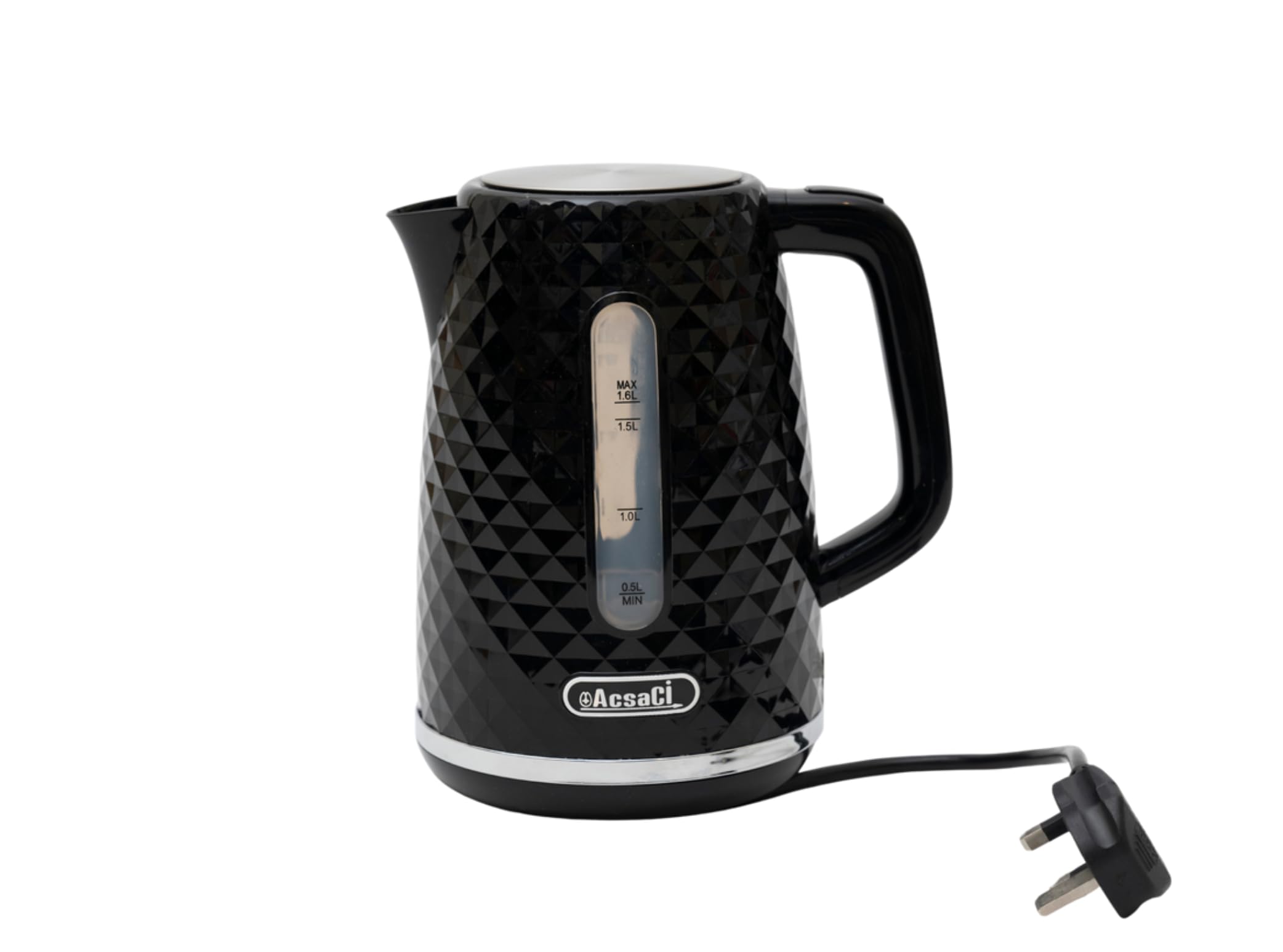+AcsaCi Black Diamond Design with Silver Accents Kettle, Boiling 365+1.6P, Fast Boiling 3000W, 1.6 Litres, British STRIX Thermostat