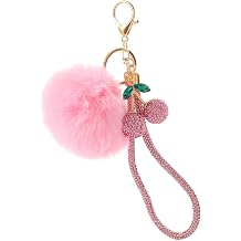 Furry Pom Pom Keychain with Rhinestone Cherry Charm - Multi-Color Bling Keyring for Bags, Keys, Decor