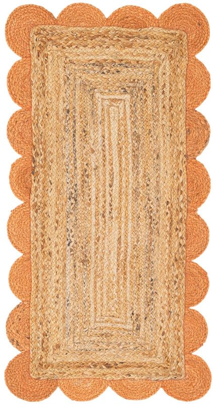 Tapis festonné en jute naturelle tressé à la main pour salon, chambre à coucher, entrée – Décoration d'intérieur bohème – Orange et jute naturelle – 7,8 x 1,2 m