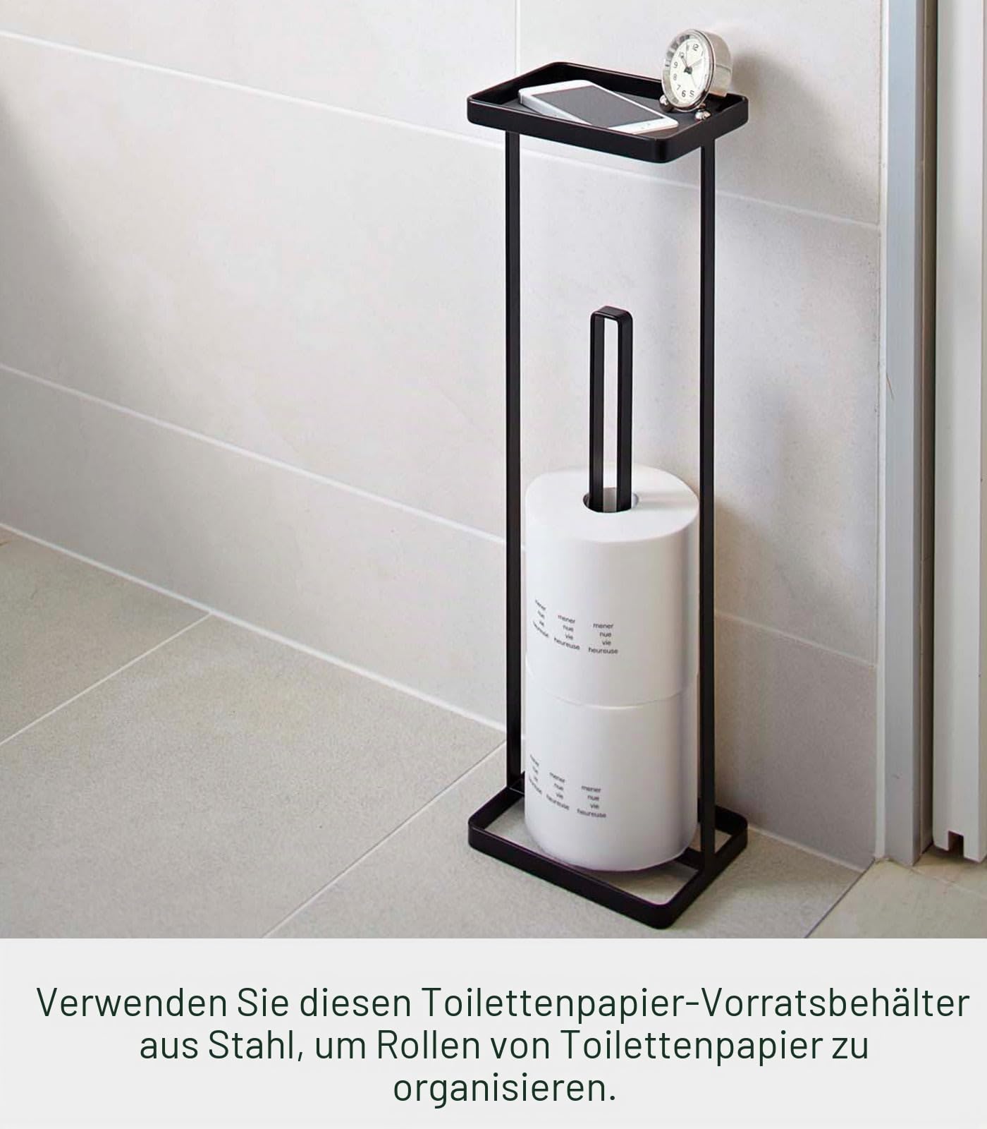 Yamazaki 7740 Toilettenpapierhalter mit Ablauage, schwarz, Stahl, minimalistisch, 16 x 12 x 52 cm