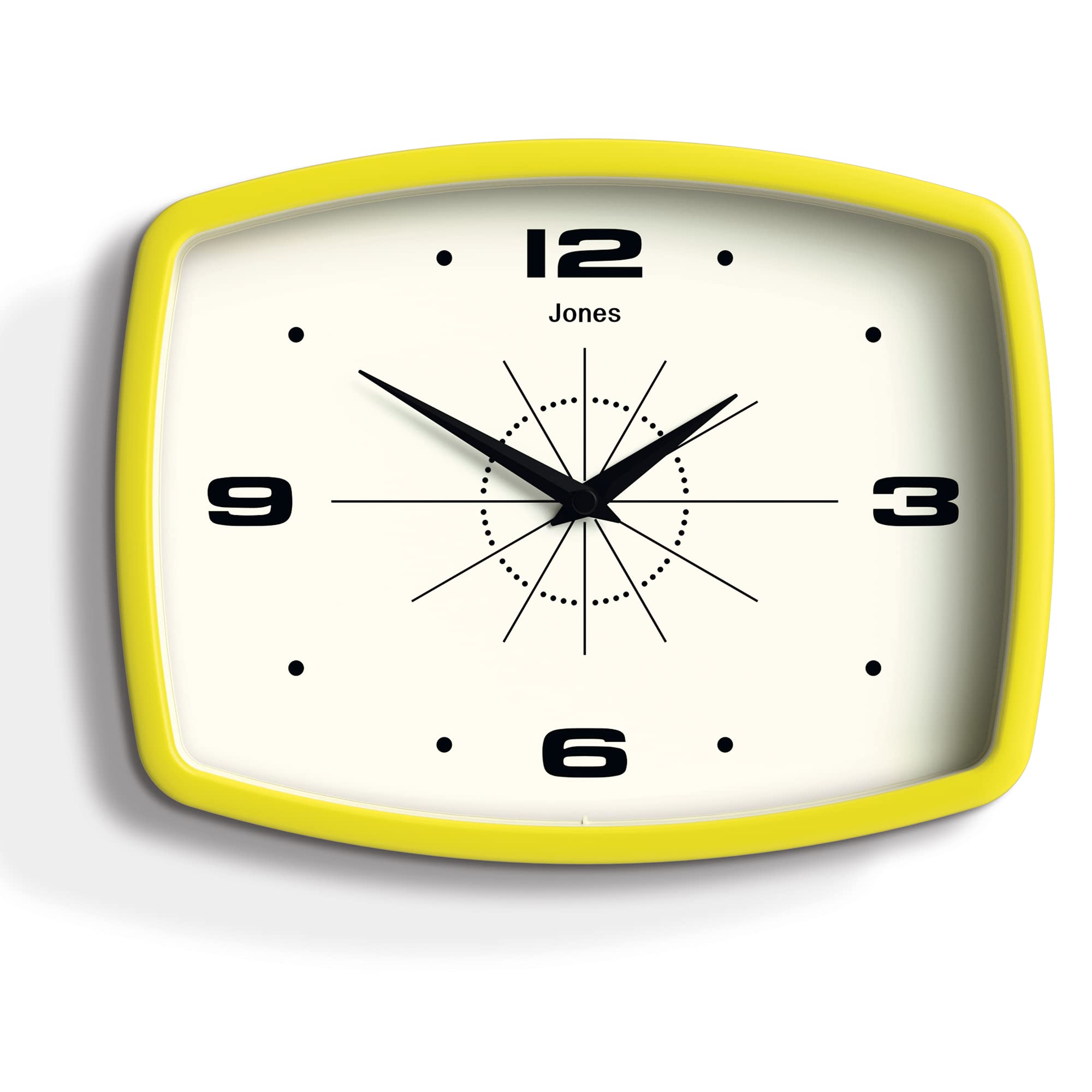 Jones Clocks® Movie wall clock | Rectangular retro clock | 25cm |Yellow | Cool mid-century designer look for kitchen, living room or office