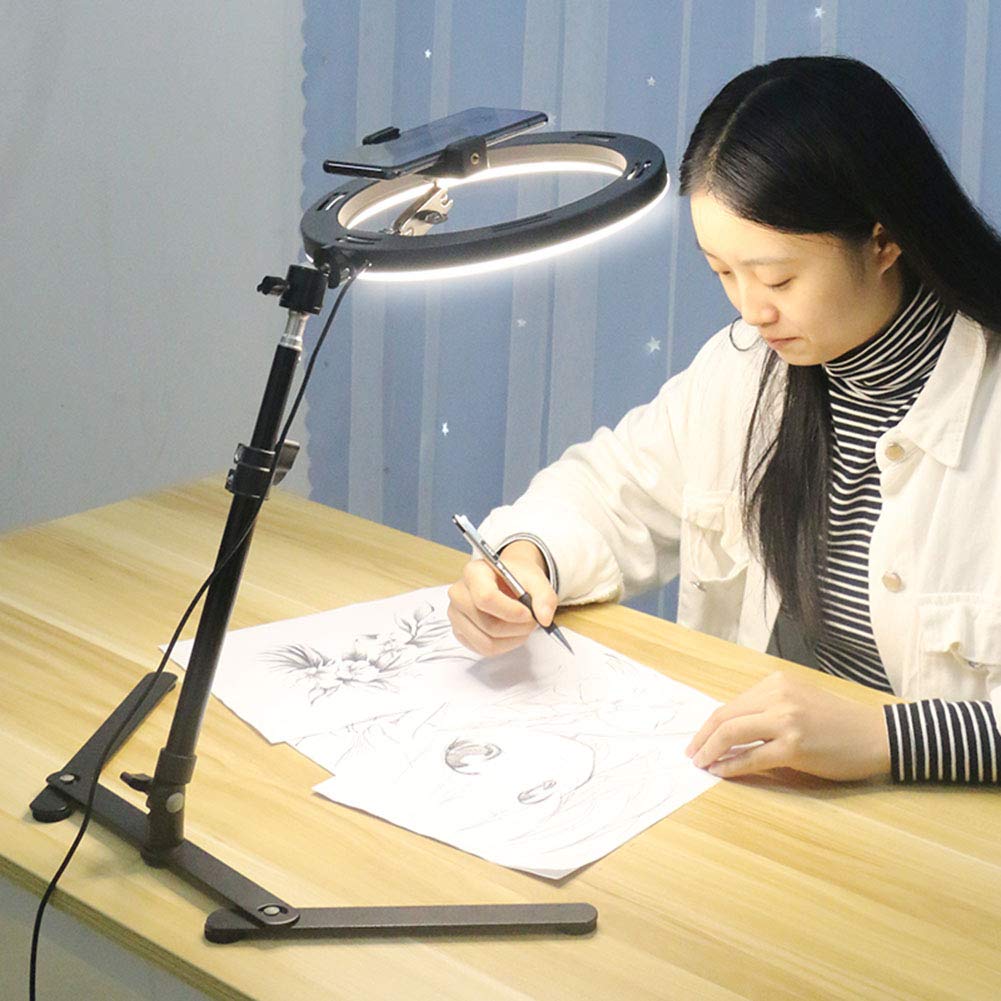 LXJ-LD Ajustable Tripod with Cellphone Stand and 10'' Led Ring Light,Overhead Video Stand Phone Mount, Multi-Angle Adjustment Shooting And Recording Video, Gourmet Nail Art