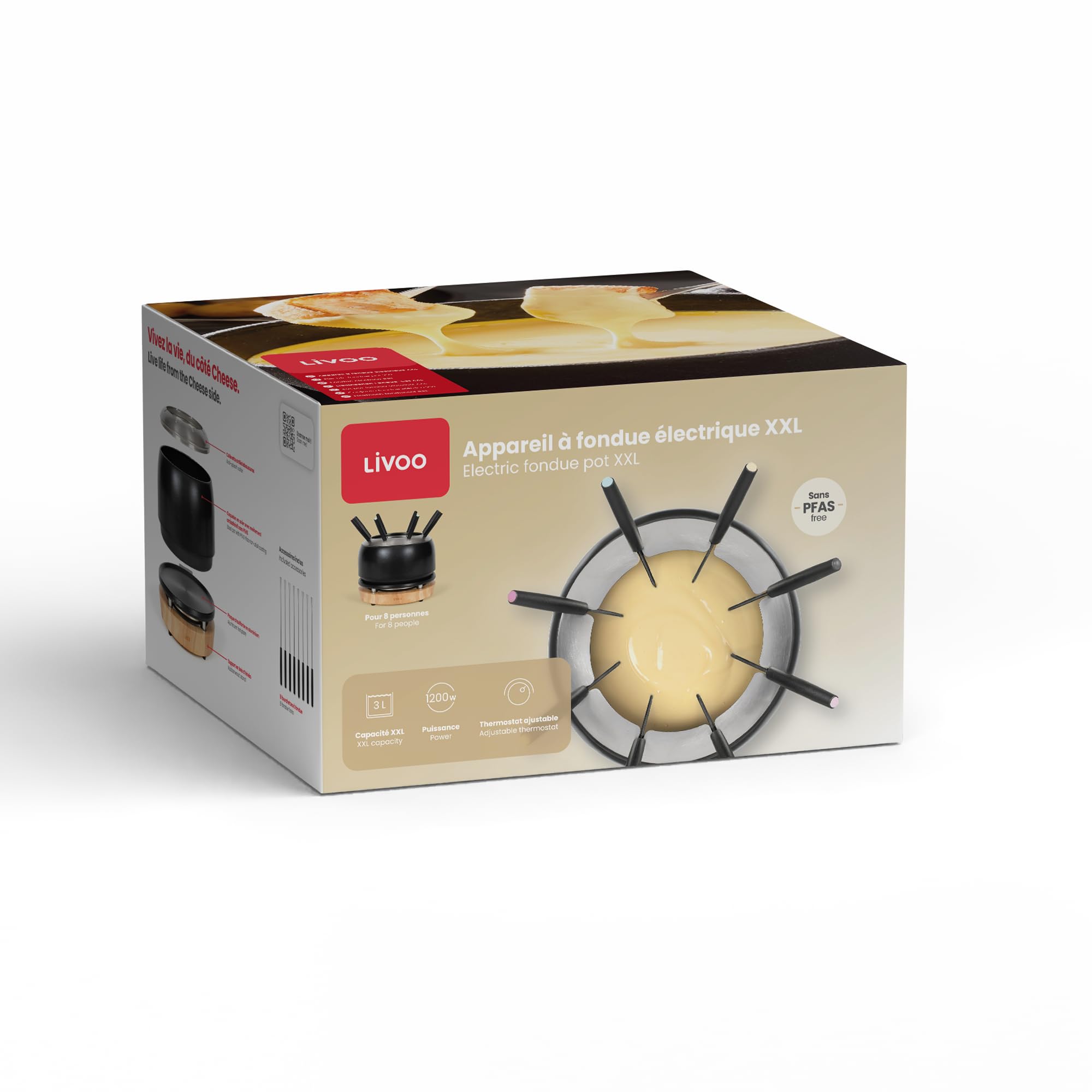 Livoo - Appareil à fondue XXL DOC339-2,5L - 1200W, sans PFAS, 8 personnes | Thermostat ajustable