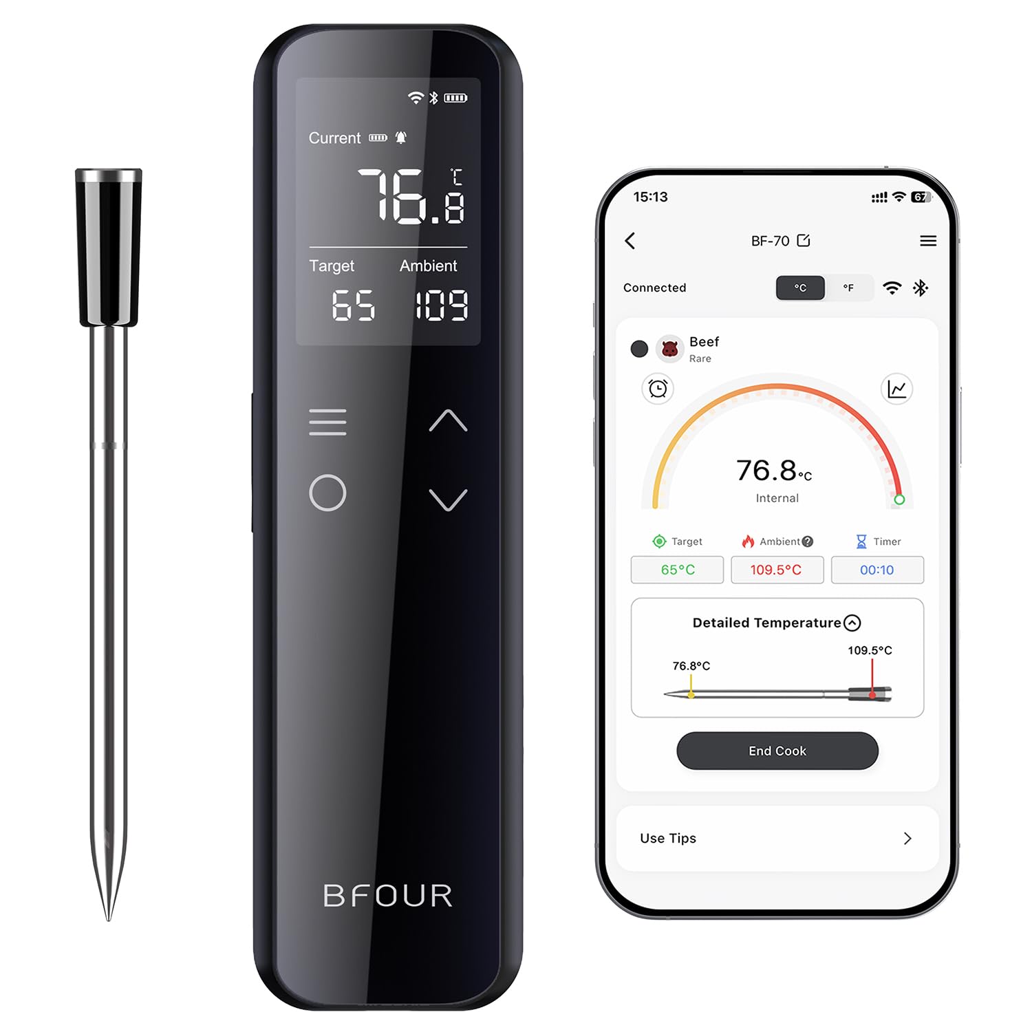 BFOUR WiFi Bluetooth Grillthermometer,Fleischthermometer mit 6 Sensoren,2600mAh Akku,IP67 Wasserdicht,App-Steuerung,Bratenthermometer Für Smoker, Grill, Ofen & Küche