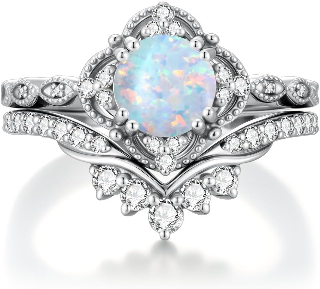 Genuine Opal Rings Set 1.5ct Opal Engagement Rings for Women 925 Sterling Silver 2pcs Vintage Infinity Inspired V Shaped Wedding Band Anniversary Promise Ring