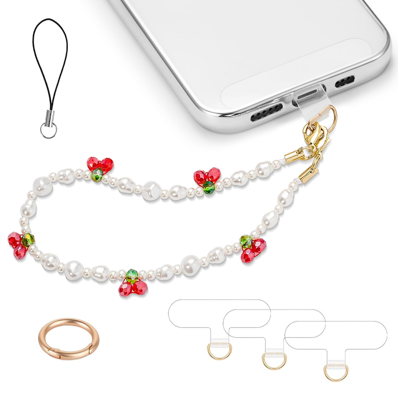 Phone Charm Wrist Strap Pearl Beaded Chain Detachable Lanyard Hand Wristlet Fashion Accessories Finger Grip Anti-drop with 3 Tether Tab for Women Girl Universal for iPhone 16 Pro Max 15 Sweet Cherries