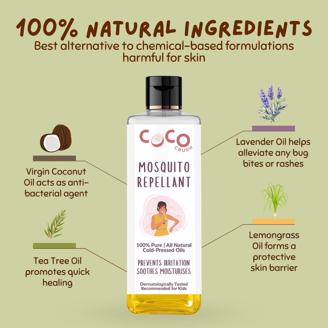COCO CRUSH 100% Natural Mosquito Repellant Body Oil | Prevents Irritation, Moisturises Dry Skin, & Soothes Mosquito Bite | Powerful Action Powered by Nature | For babies, kids, & adults (200ml) 1