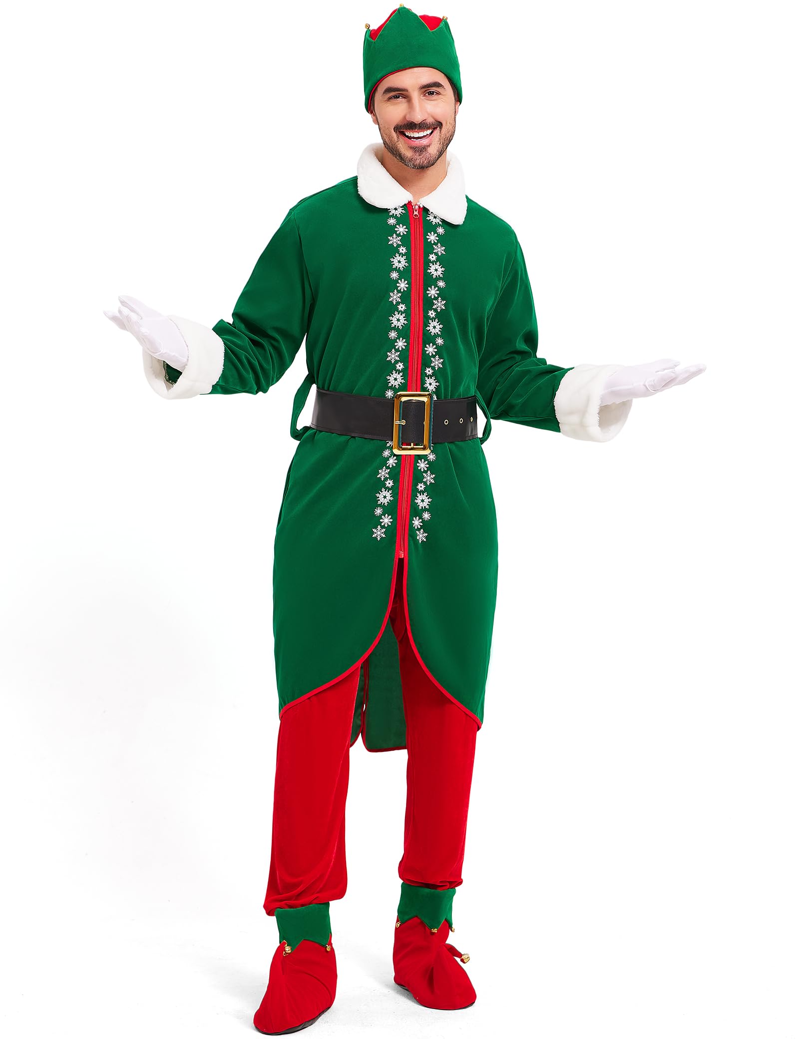 Ahititi Elf Costume Men Adult Christmas Outfit Deluxe 6PCS Set Plus Size Suit Santa Helper Holiday Cosplay Party Halloween