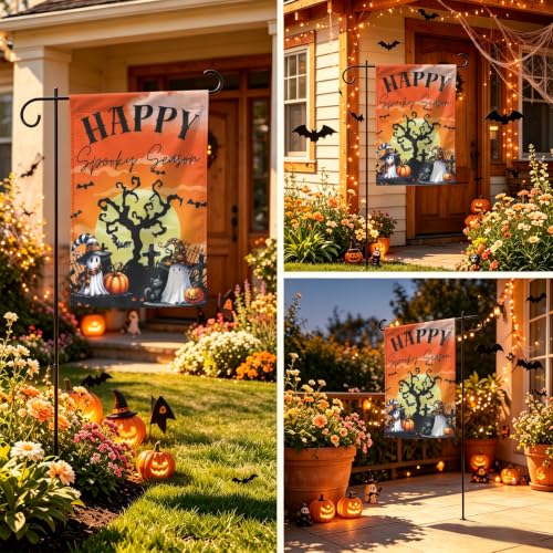 Image of Happy Spooky Season Halloween Garden Flag 12x18 Inch Double Sided Ghost Pumpkin Outdoor Decor Yard Flag