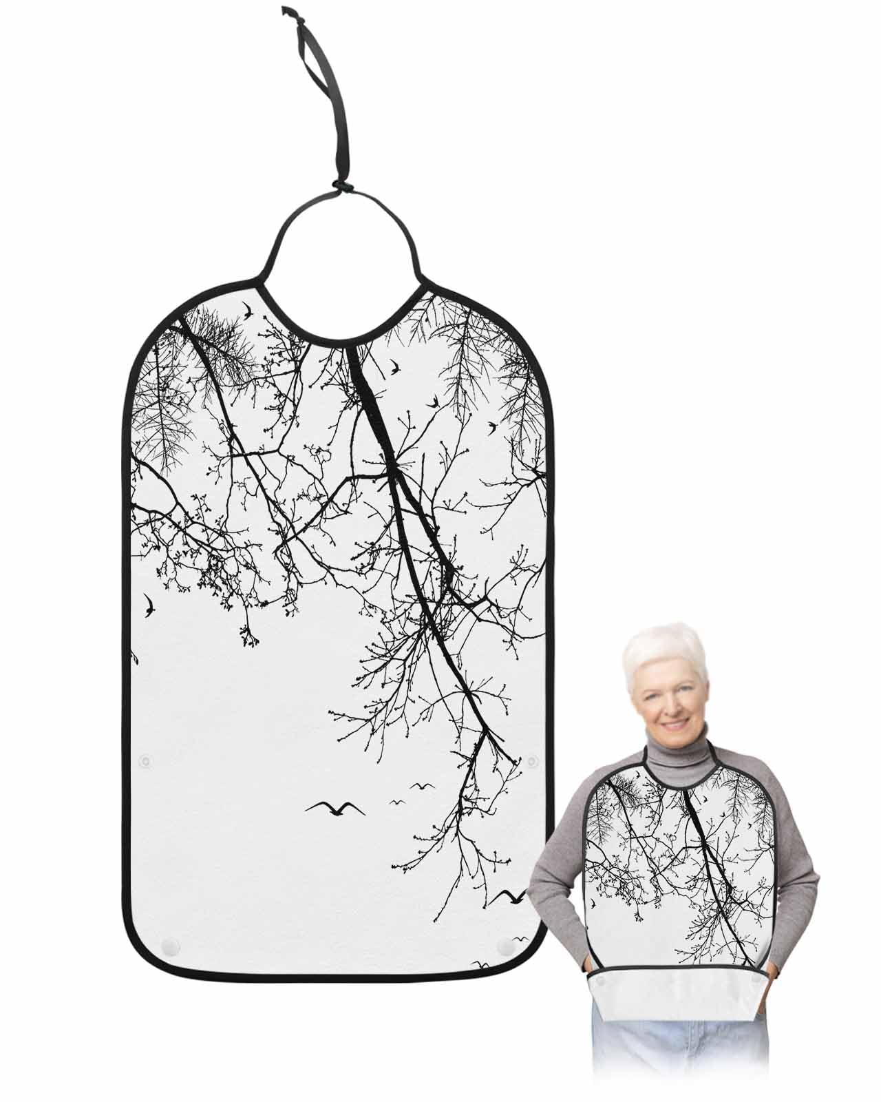 LEOKOTI Black Branch Adult Bibs for Eating, Waterproof Bibs with Food Catcher & Adjustable Snap Closure, Birds Modern Abstract Art Classic Black Washable Clothing Protectors Adult Bibs for Elderly