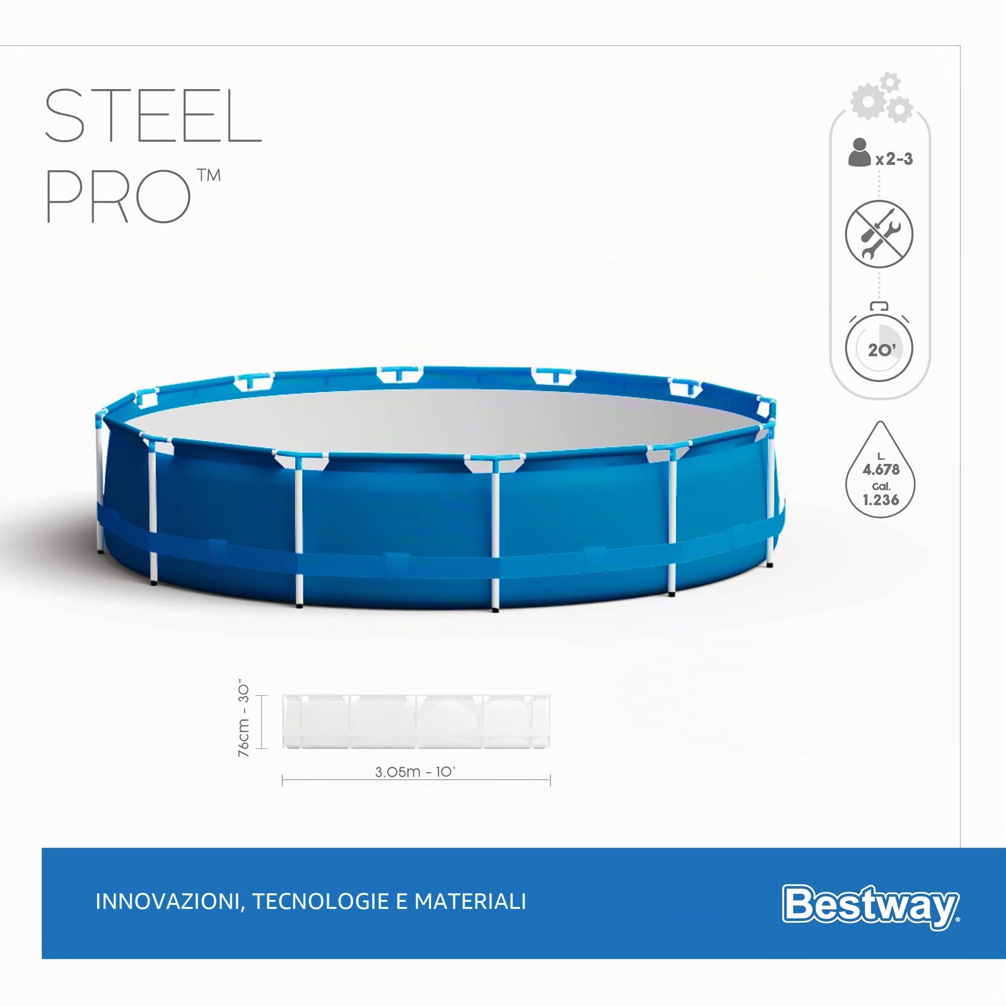 Bestway Acciaio PRO Piscina - Modello 56679 - Ø305 x 76 cm - 4678l - con Pompa del Filtro - Una Cartuccia