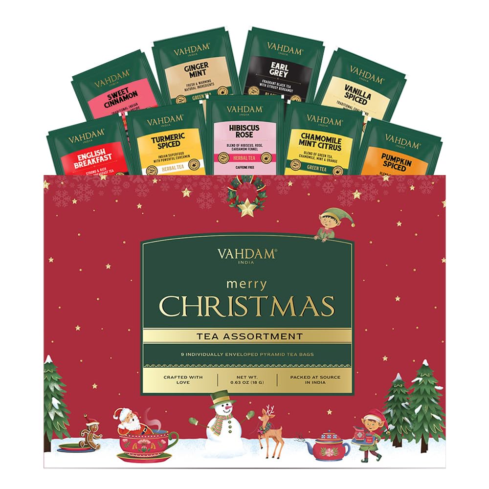 VAHDAMMerry Christmas Tea Gift Set (9 Individually Wrapped Tea Bags) Limited Edition -Gluten Free, Non GMO | Christmas 2024 Gift Ideas | Christmas Gifts For Women 2024