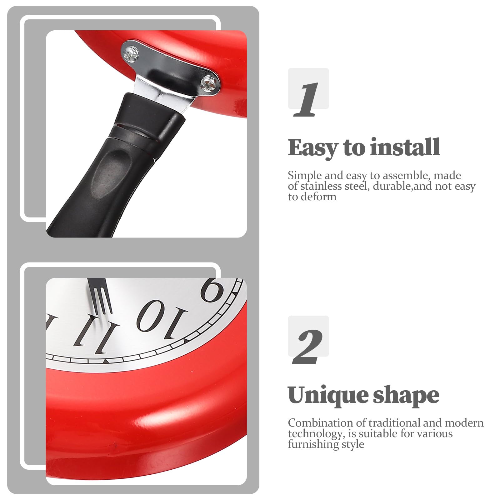 Acciaio Inox Orologio da Parete Silenzioso a Forma di Padella Rosso