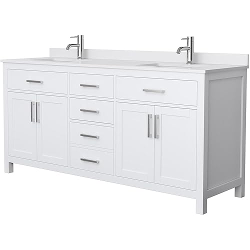 Beckett 72 Inch Double Bathroom Vanity in White, White Cultured Marble Countertop, Undermount Square Sinks, No Mirror