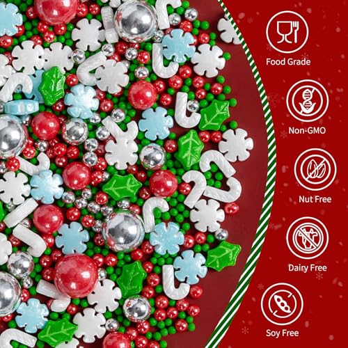 Image of Edible Christmas Sprinkles for Cake Decorating,130g,White and Blue Snowflake,White Candy Cane,Red Silver Pearls,Christmas Trees,Nonpareils,Sugar Holiday Sprinkle for Cupcake Toppers,Cookie,Ice Cream Decorations Winter Theme Party Supplies