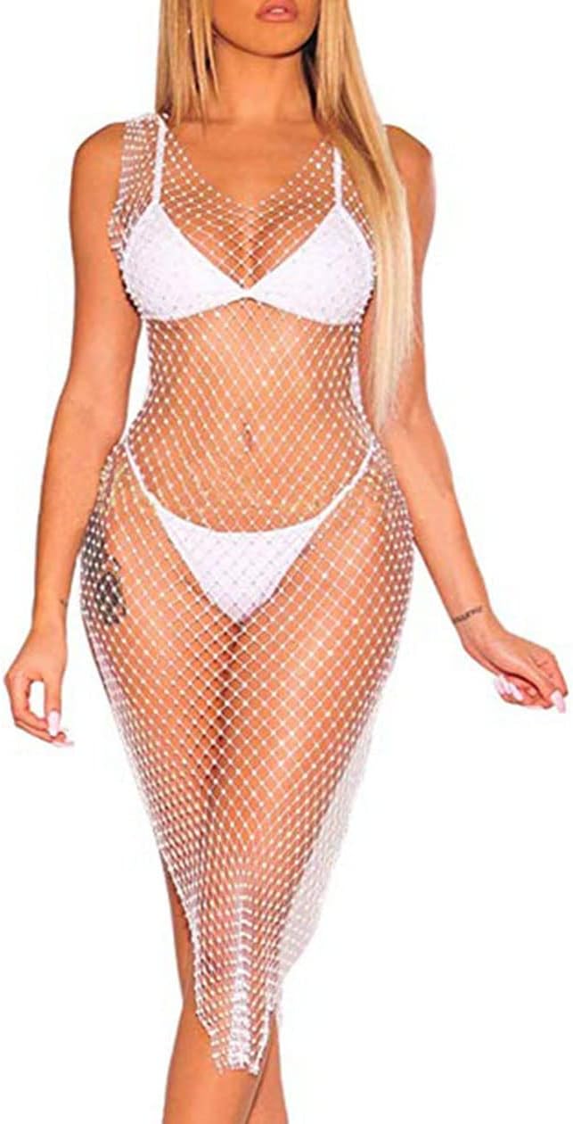 See Through Mesh Rhinestone Hollow Out Split Bikini Swimsuits Sleeveless Fishnet Cover Up Beach Dress for Women and Girls