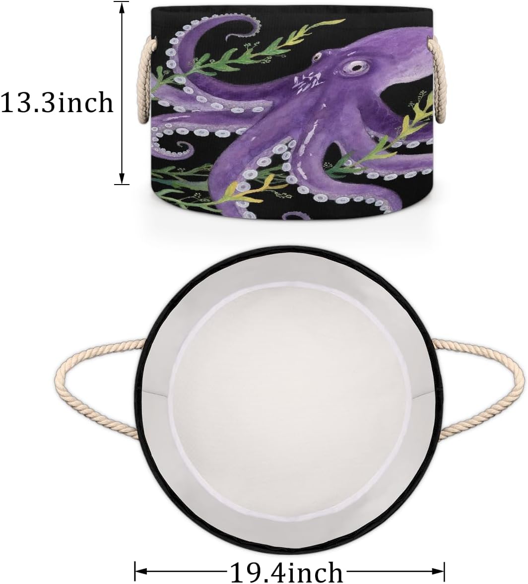 Large Storage Baskets - Octopus Ocean Purple Nursery Round Collapsible Organizer Bin Box, Laundry Hamper for Kids Toys, Blanket, Bedroom Living Room Home Decor, Gift Basket, 19.4"x13.3"