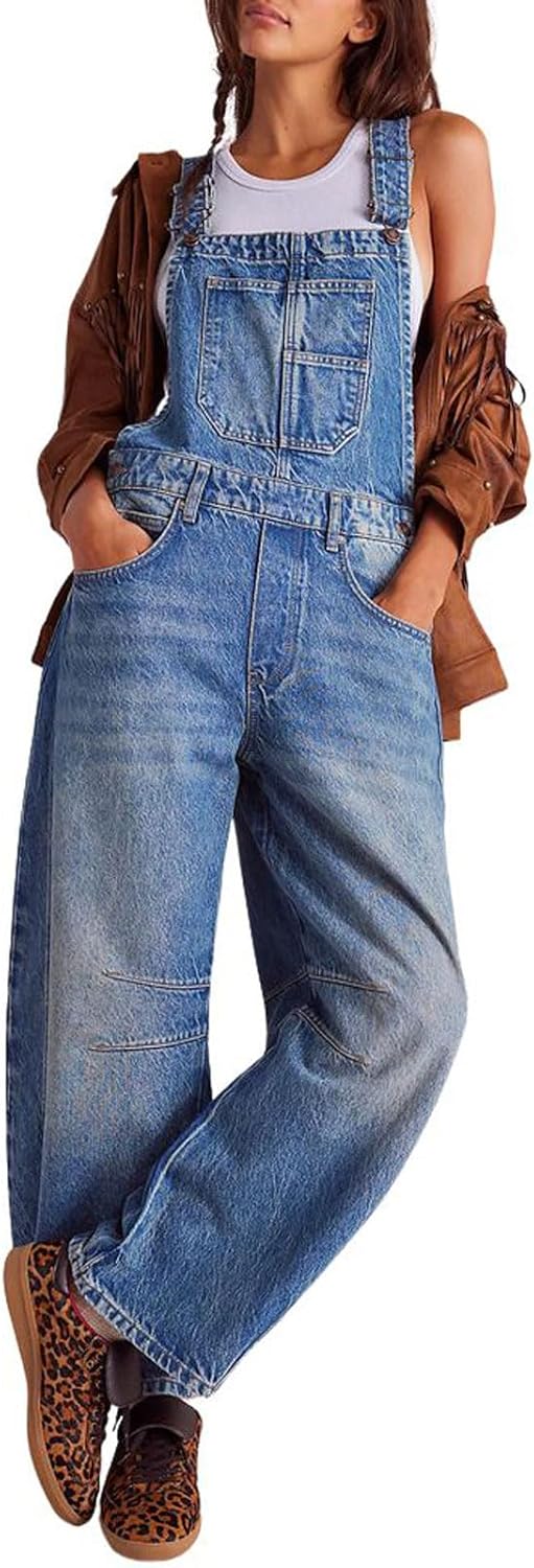 utcoco Womens Denim Overalls Loose Fit Barrel Leg Adjustable Strap Hip Hop Jean Jumpsuits