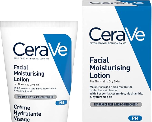 CeraVe PM Daily Facial Moisturiser Lotion for Normal to Dry Skin 52ml with Niacinamide and 3 Essential Ceramides