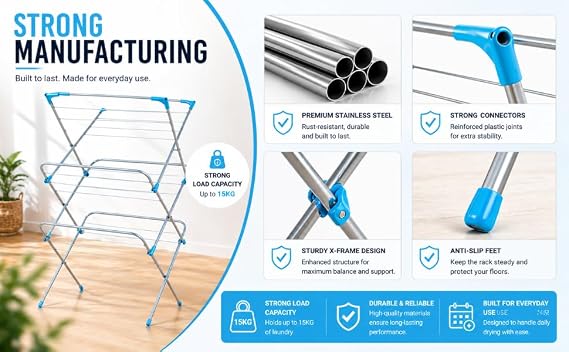 3 Tier Foldable Clothes Drying Rack, Stainless Steel Laundry Airer Stand with 18 Rods, Space Saving Cloth Dryer Stand, Indoor Outdoor Balcony Drying Stand with Safety Lock & Non Slip Feet
