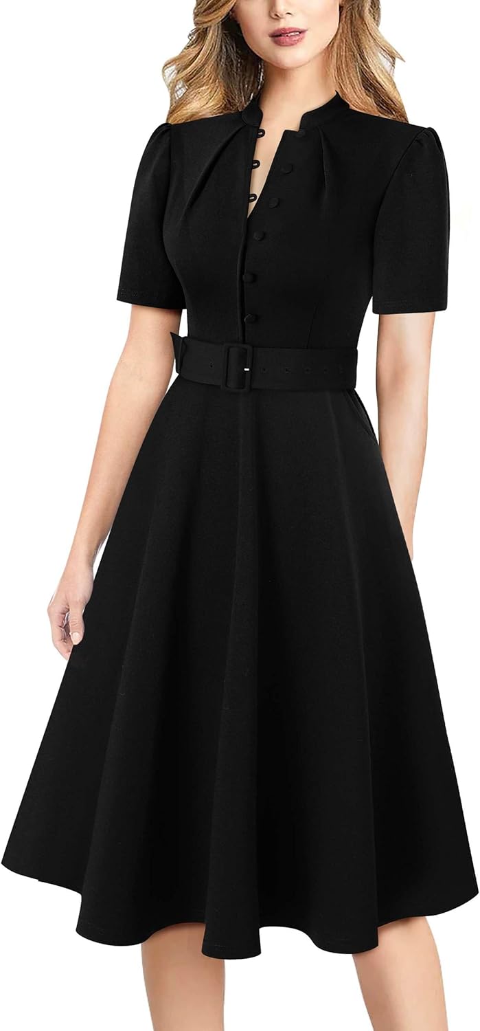VFSHOW Womens 2024 Business Work Office Pockets Belted Buttons Elegant Fit and Flare A-Line Dress