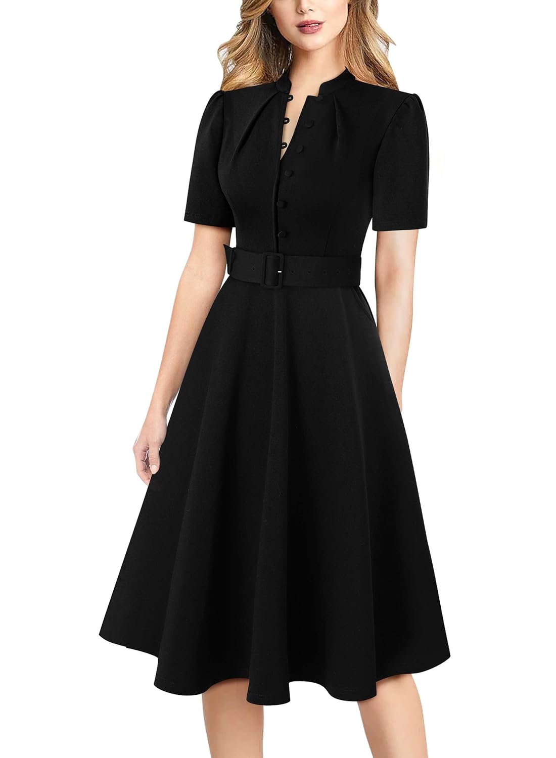 VFSHOW Womens 2024 Business Work Office Pockets Belted Buttons Elegant Fit and Flare A-Line Dress
