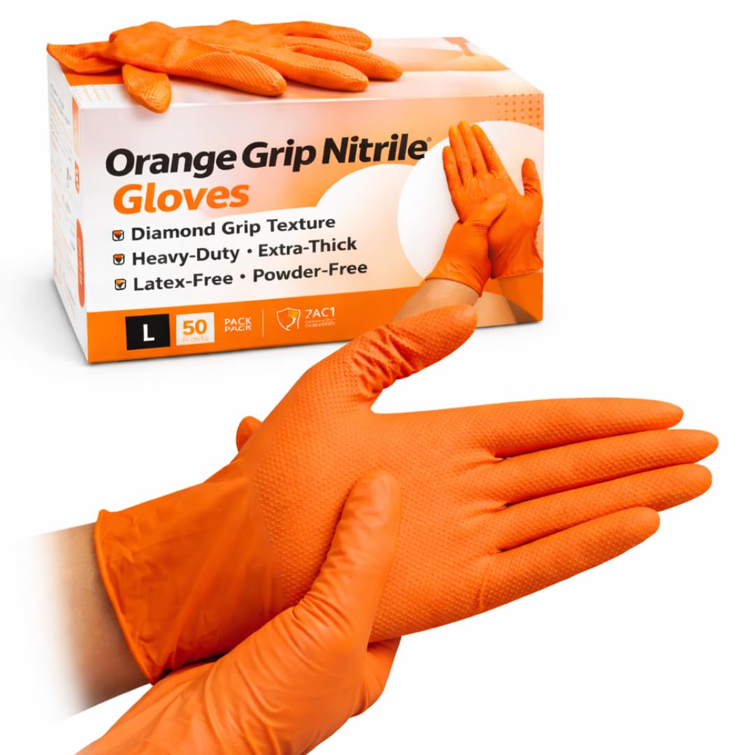 Ruiyang Orange Nitrile Work Gloves Large (50 Pack), Heavy-Duty Extra-Thick, Diamond Grip, Grip Non-Slip, Latex-Free, Powder-Free – Mechanics & Automotive Use — image 1