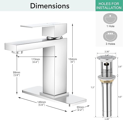 Miniatura 6 de Faustina Grifo de baño cromado pulido, grifo de baño de un agujero, grifo de lavabo de baño de 3 agujeros con drenaje desplegable, grifo de tocador