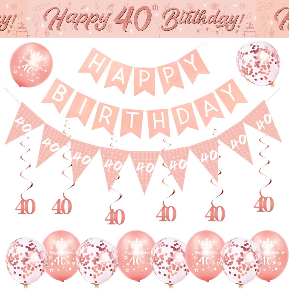 40th BIrthday Decorations for Women-Rose Gold 40th Birthday Banners for Her,40th Party Decor Happy 40th Birthday Banner Bunting Foil Hanging Swirls Triangle Flags Confetti Latex Balloons