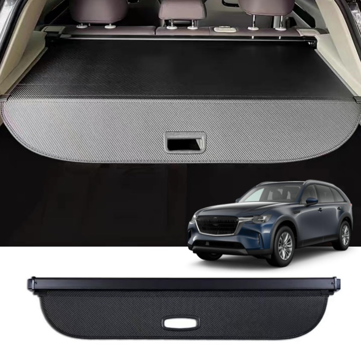 Black Retractable Cargo Cover Compatible with Mazda CX90 CX-90 2024 2025 Rear Cargo Privacy Screen Car Trunk Luggage Cargo Security Shade Shield (Carbon Fiber Style)