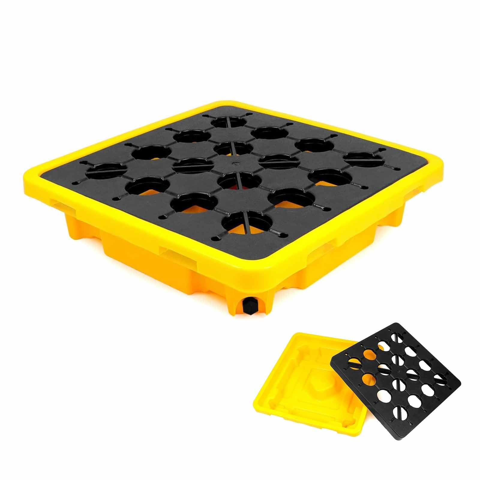JKJZSALJ Industrial Spill Containment Pallet For Oil Drums, Durable Polyethylene Spill Platform With Drain, Detachable Grating Tray, Portable 50X36X10Cm,33.5x33.5x5.5cm