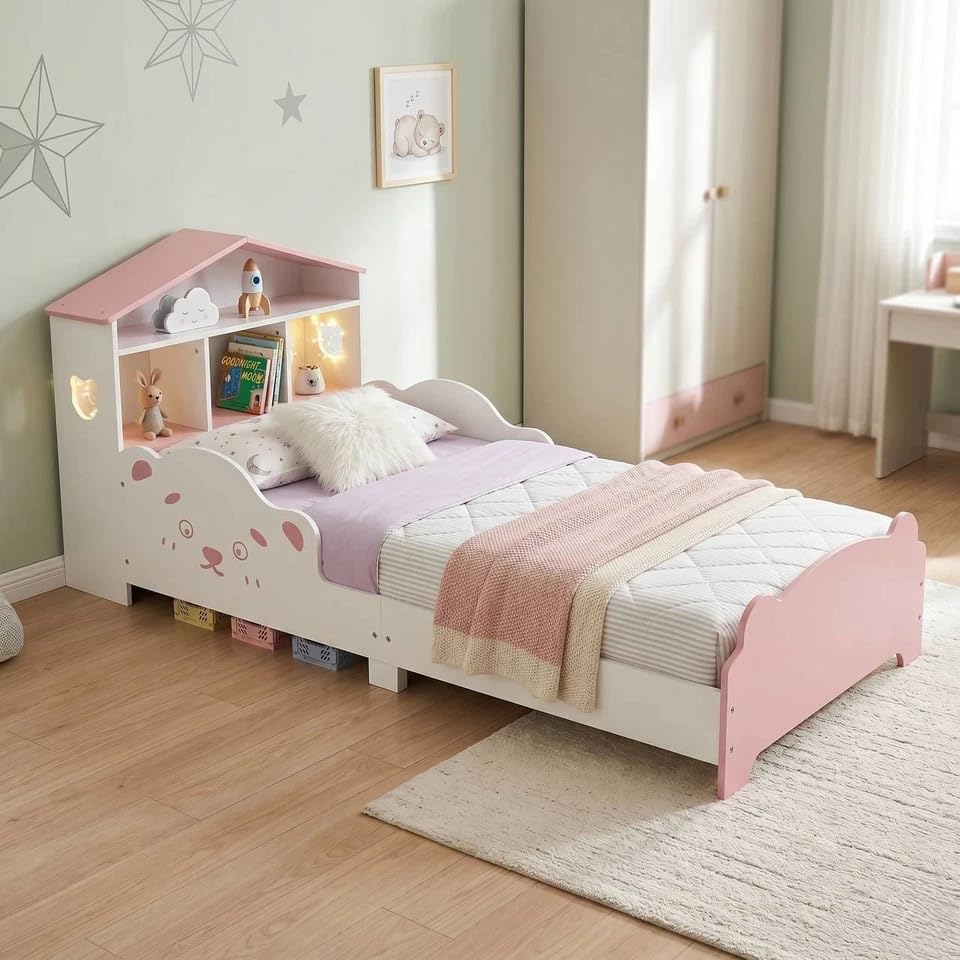 URBNLIVING Wooden Toddler Bed with Integrated Bookshelf Storage – Junior Kids Bed Frame with Built-in Bookcase for Bedroom Organisation (PINK) — view 5
