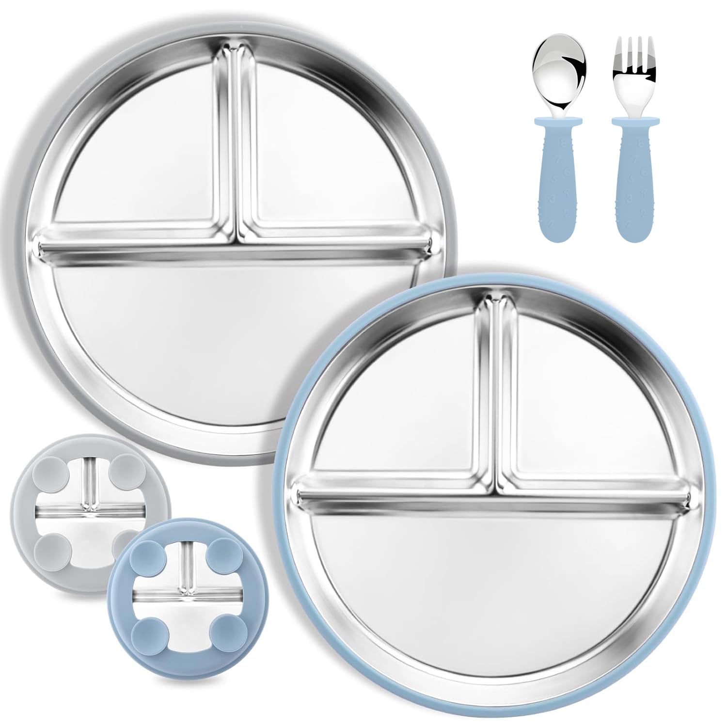 Set De 2 Assiettes En Acier Inoxydable Avec Ventouse Pour Bébé Et set De 1 Cuillères Et Fourchettes, Repas Antidérapant pour Bébé, non toxique et sans BPA