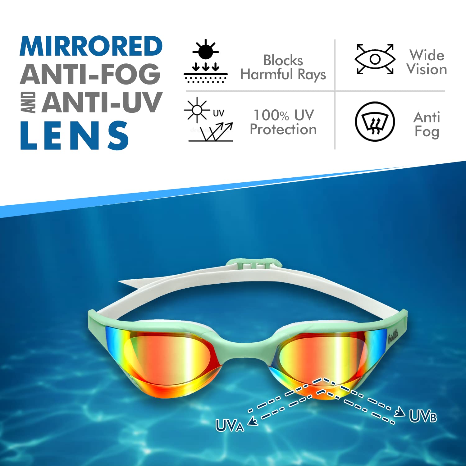 Primalite Swimming Goggles Mirrored- 3 Sizes Replaceable Nose Bridge | Anti-Fog, UV Protection for Adults Men Women- Free Nose Clip, Ear Plugs, Mesh Bag- No Leaking, Adjustable Strap, Wide View- Green 4