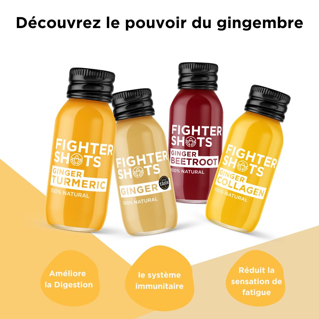 Fighter Shots Pack mixte de 6 saveurs (12x60ml) | 2 Gingembre / 2 Curcuma / 2 Collagène / 2 Betterave / 2 Manuka / 2 Curcuma Végan | 100% Naturel | Sans Conservateurs