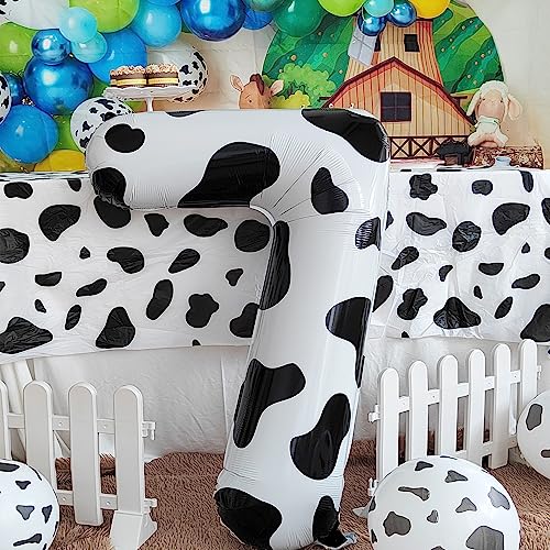 Image of Cow Print Number 7 Balloon, Large 40 Inch Cow Number Birthday Balloons | Helium Foil Mylar Balloon Cow Themed Birthday Party Decorations | Farm Barn Decor for kids,Girl,Boy