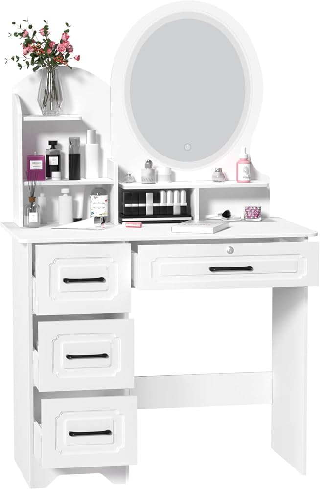 Vanity Desk with Round LED Lighted Mirror,Makeup Vanity Table Set with 5 Drawers & Charging Station,Holiday Makeup Table Set for Halloween/Christmas 3 Lighting Modes Adjustable for Bedroom (White)