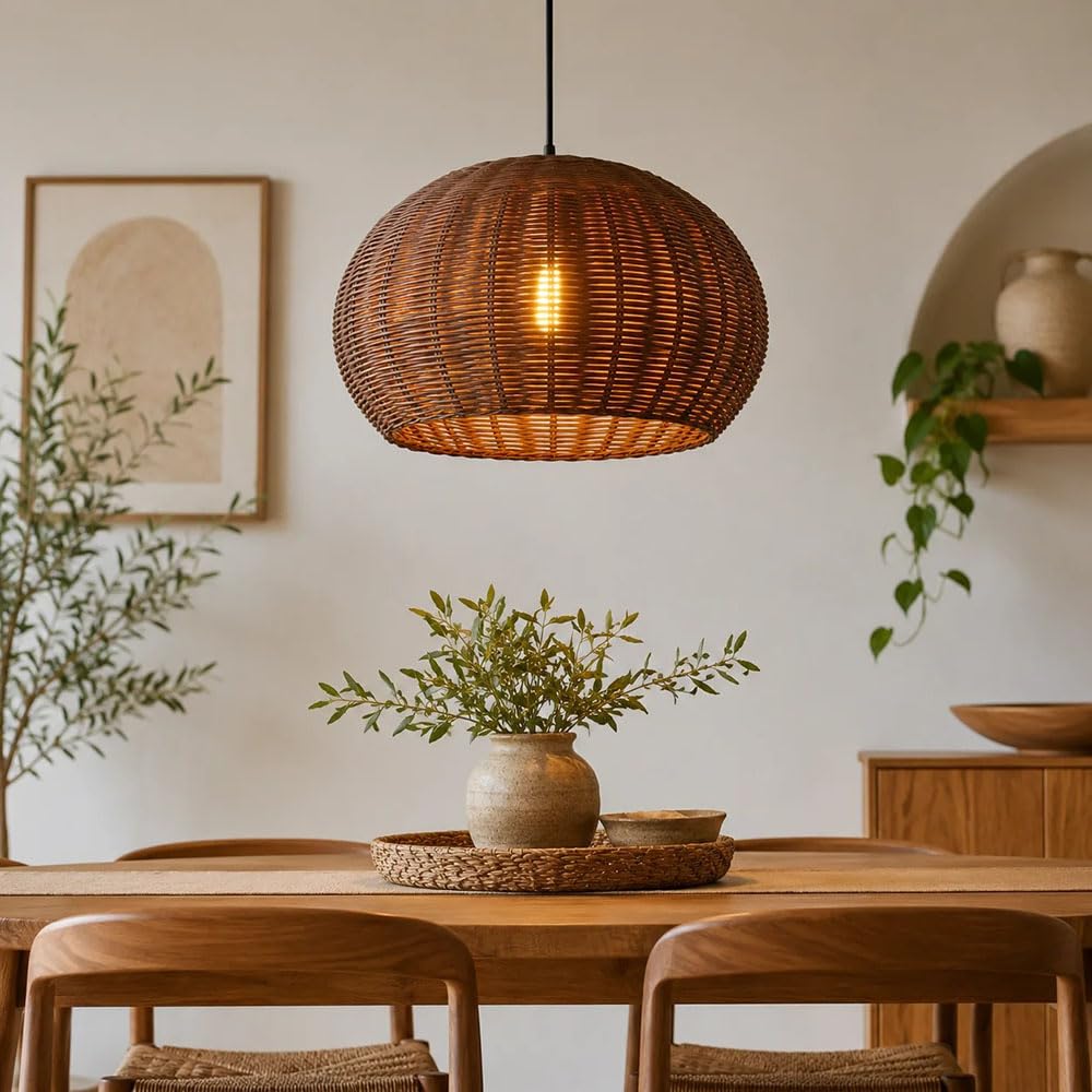 XQIDIANAA 17.72 Inch Rattan Pendant Lights Farmhouse Boho Chandelier Lamp Fixture Rustic Wicker Hand Woven Pendant Hanging Light for Dining Room Kitchen Bedroom Foyer Hallway