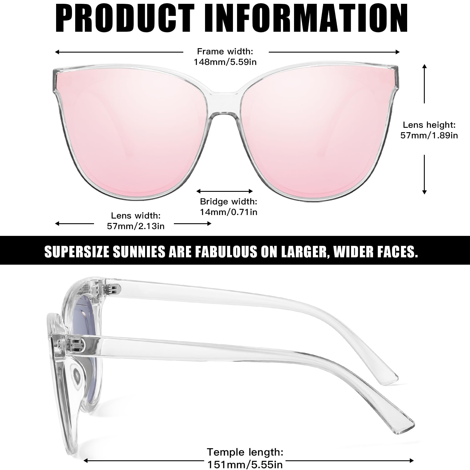 LVIOE Polarized Sunglasses for Women UV400 Protection Oversized Cat Eye Frame Retro Sunglasses for Driving Fishing Outdoor: A09 Clear Frame / Pink Mirrored Polarized Lens