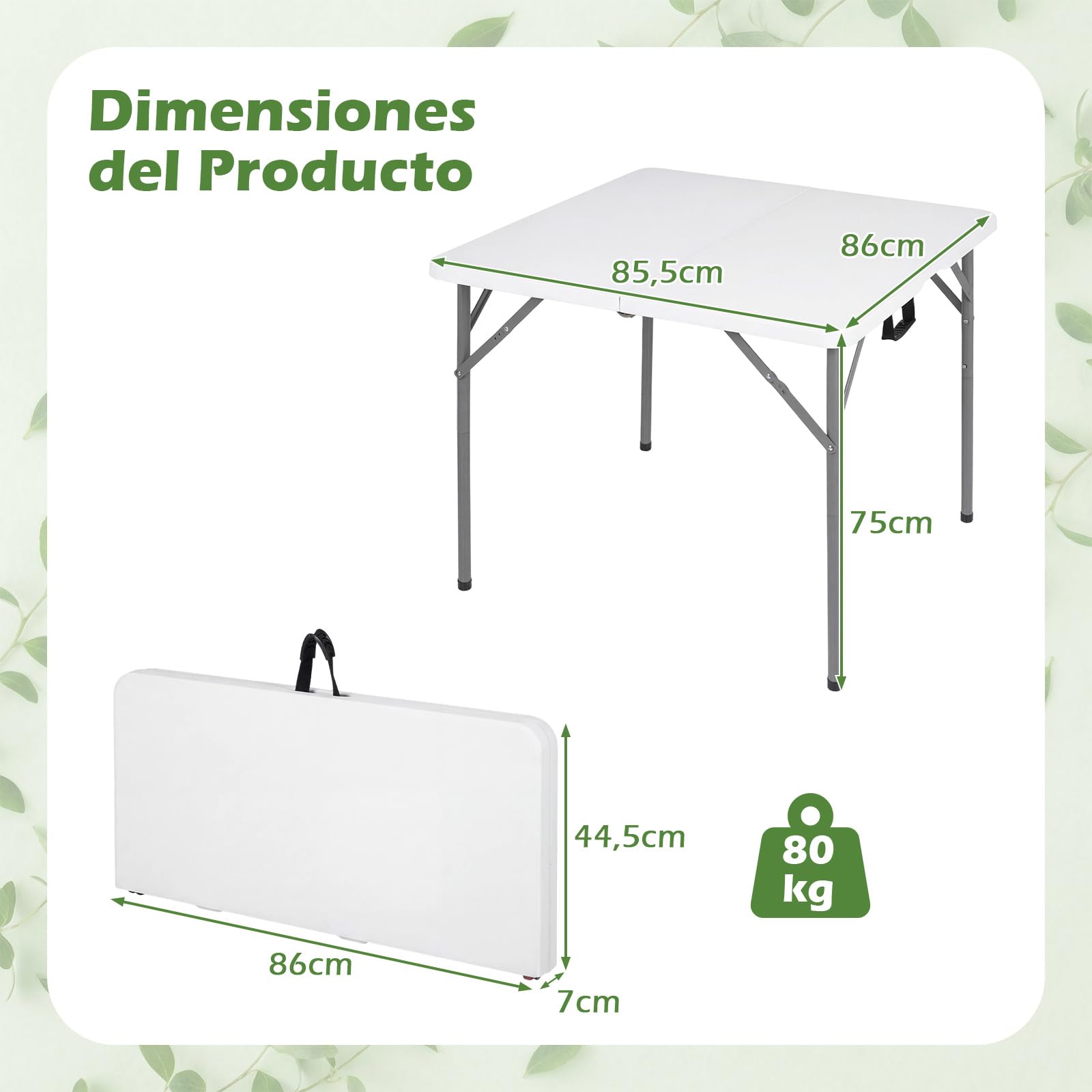 COSTWAY Mesa Plegable Picnic, 86 x 85,5 x 75 cm, Cuadrada | Mesa Camping Portátil de HDPE, Asa de Transporte, Fácil de Montaje, Interior Exterior Jardín Terraza Playa Cocina, Blanco